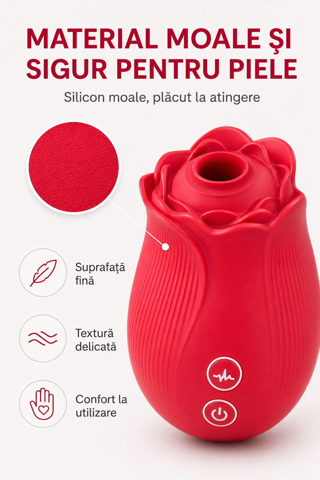 RosePulse Mini din silicon premium moale și sigur pentru piele, evidențiind suprafața delicată și confortul oferit în timpul utilizării.