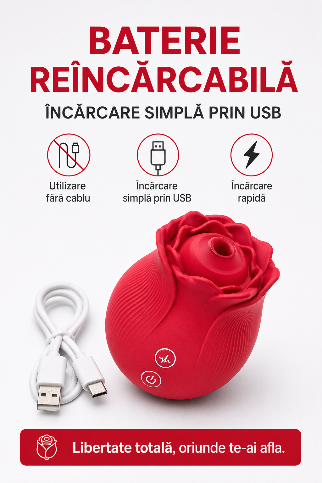 RosePulse Mini cu baterie reîncărcabilă și încărcare rapidă prin USB, pentru utilizare fără cablu și autonomie ridicată în orice moment.