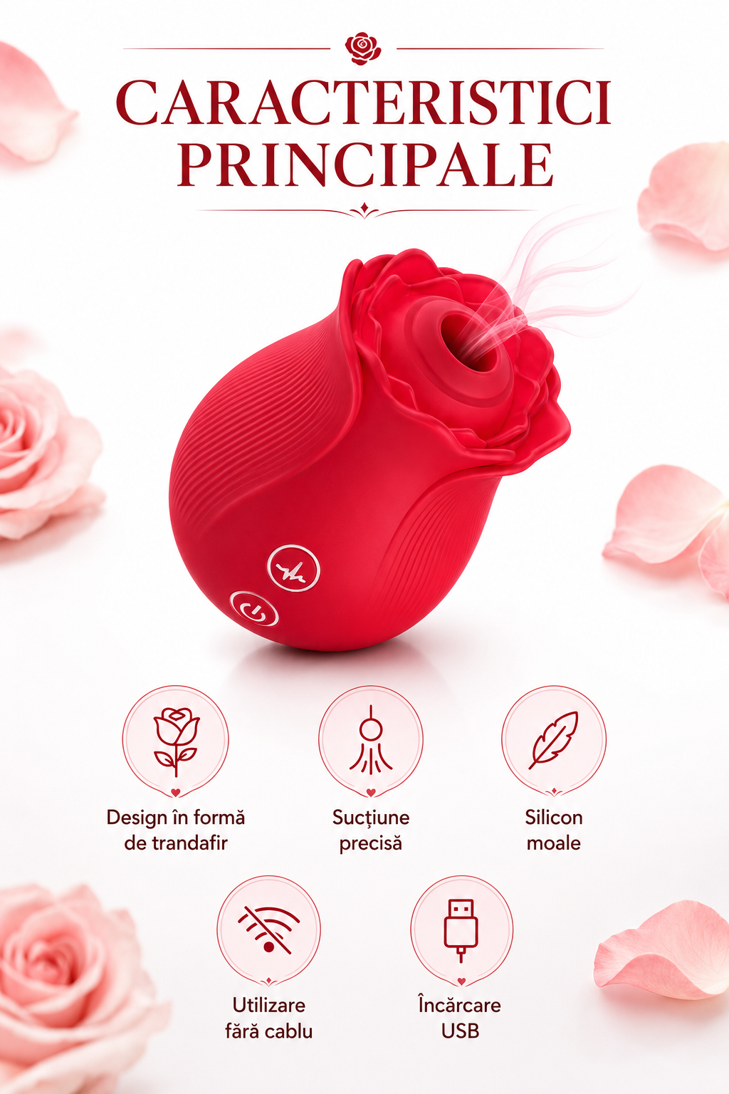 RosePulse Mini cu design în formă de trandafir, evidențiind principalele caracteristici, sucțiunea precisă și materialul premium din silicon.