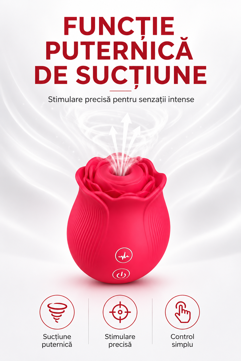 RosePulse Mini cu design în formă de trandafir, evidențiind principalele caracteristici, sucțiunea precisă și materialul premium din silicon.