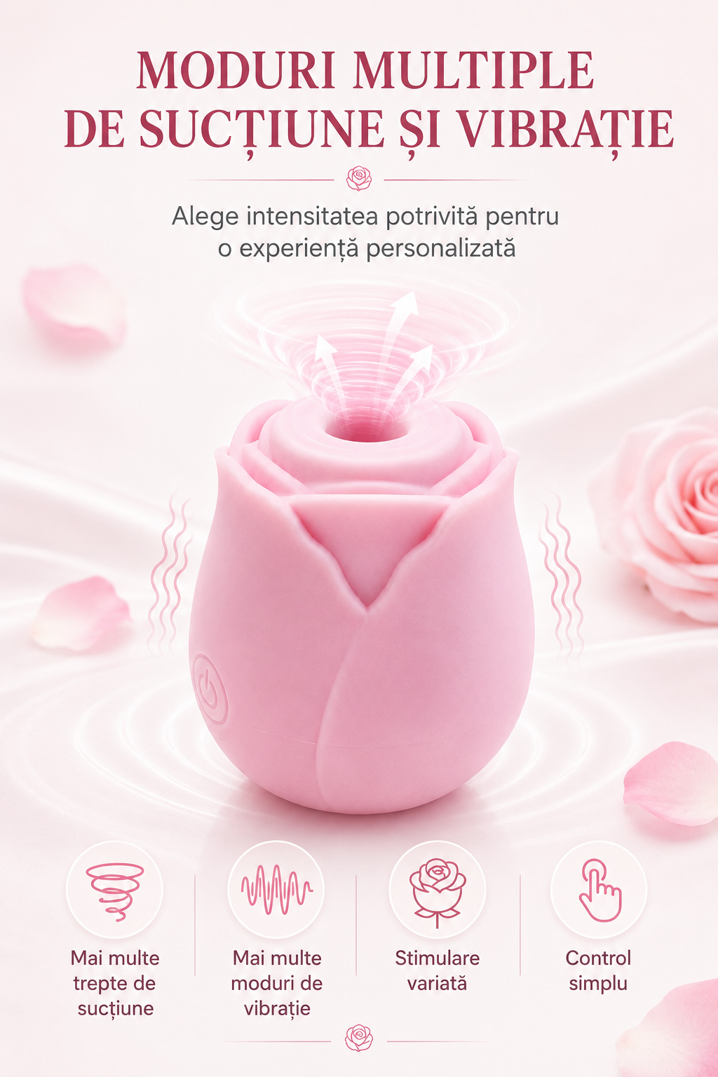 RosePulse Mini roz prezentând modurile multiple de sucțiune și vibrație pentru stimulare personalizată