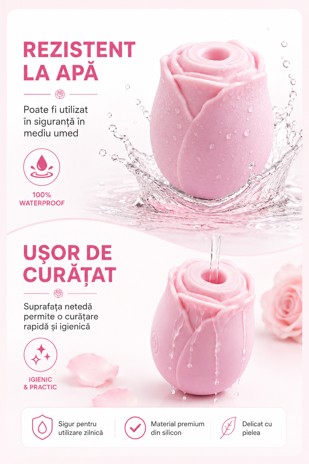 RosePulse Mini rezistent la apă, ușor de curățat și potrivit pentru utilizare igienică