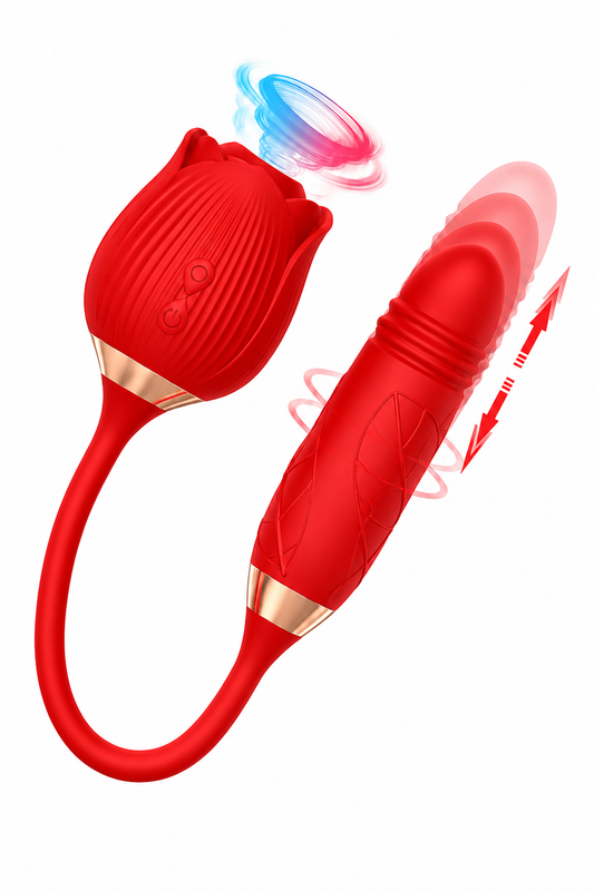 🌹 Rose Motion Duo prezentat pe fundal alb, cu efecte vizuale pentru sucțiune, vibrație și mișcare telescopică automată.