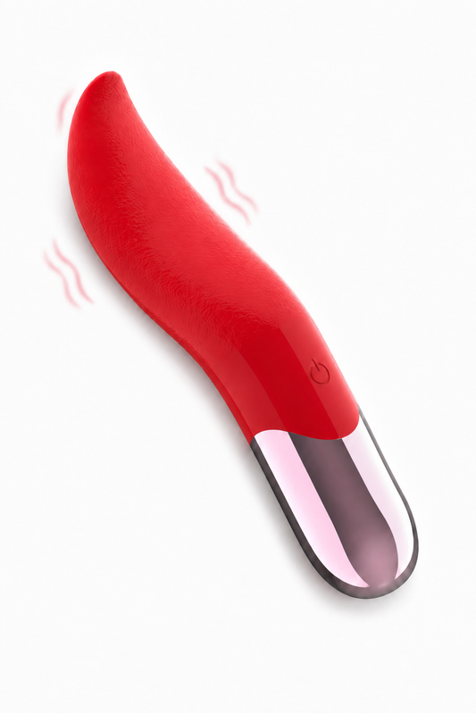 🌙 Ruby Flick – vibrator tip limbă cu design curbat, prezentat pe fundal alb, cu efect subtil ce evidențiază vibrațiile.