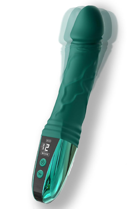 Vibrator Emerald Pulse 12 cu ecran LED, 12 moduri de vibrație și încărcare magnetică USB, verde.