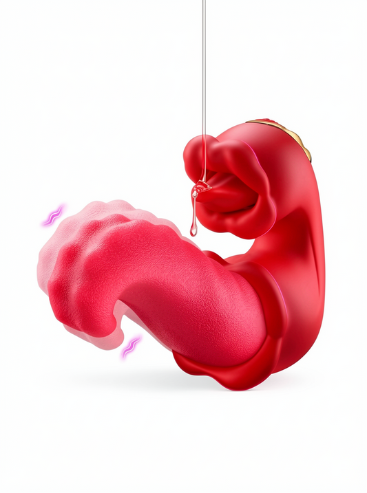 Velvet Kiss 3 În 1 prezentat pe fundal alb, evidențiind designul ergonomic, limba mobilă, limba vibrantă și forma compactă pentru stimulare externă.