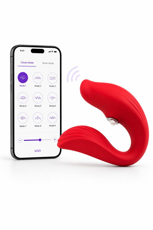 Velora Duo App roșu alături de telefonul cu aplicația mobilă, prezentând controlul inteligent și designul wearable ergonomic.