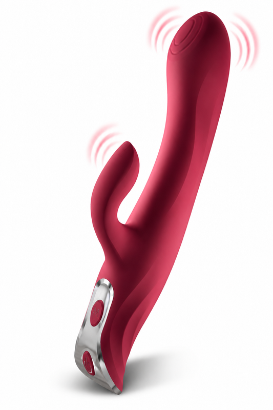 Dual Bliss Pro roșu alături de telefonul cu aplicația mobilă, prezentând controlul inteligent și designul ergonomic pentru stimulare dublă.