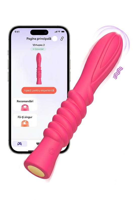 Velora Connect Pro fuchsia alături de telefonul cu aplicația mobilă, prezentat pe fundal alb pentru control simplu, rapid și discret.