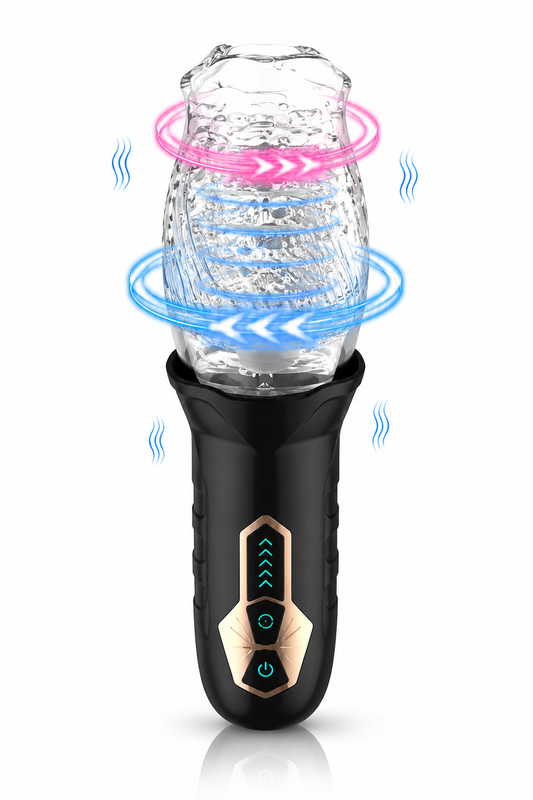 Masturbator automat Titan Spin Pro cu rotire 360°, efect
vizual de vibrație și design ergonomic pe fundal alb.