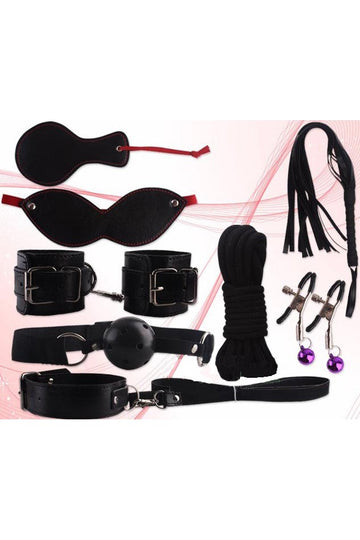 Σετ 9 τεμαχίων αξεσουάρ φετίχ/BDSM από δερματίνη, Μαύρο, TOY70-1