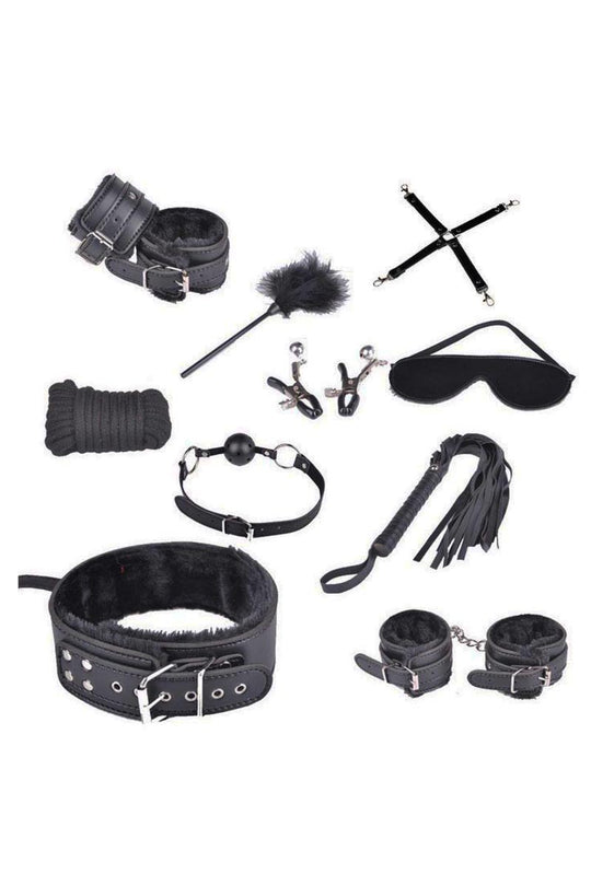 Σετ φετίχ/BDSM, 11 τεμαχίων από οικολογικό δέρμα με γούνα, Μαύρο, TOY88-1