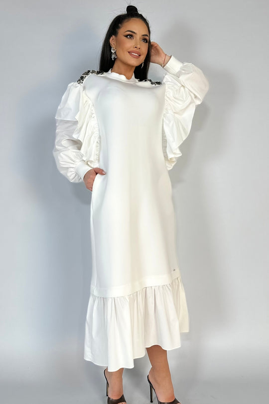 Μακρύ casual φόρεμα, oversized, διακοσμημένο με βολάν, στρας και γυαλιστερές πέτρες Y655-2