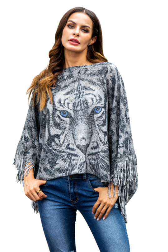 Μπλούζα τύπου πόντσο με animal print και κρόσσια Y745-18