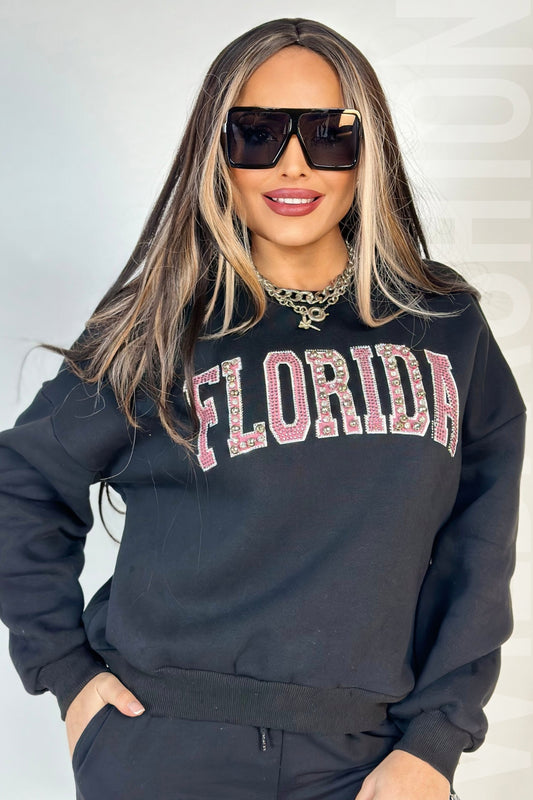Μαύρο βαμβακερό ζιβάγκο με στάμπα FLORIDA διακοσμημένο με στρας N881-1
