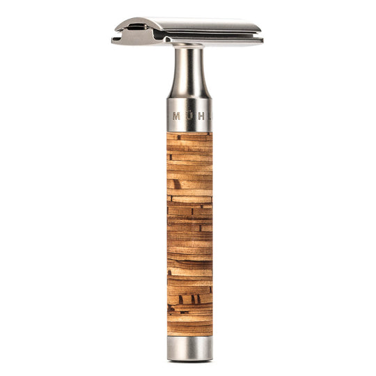 Κλασική ξυριστική μηχανή Safety Razor με κλειστή χτένα και λαβή από ατσάλι και φλοιό σημύδας Muehle Rocca R95