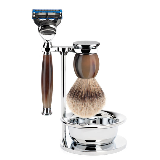 Σετ ξυρίσματος με ξυράφι συμβατό με Gillette Fusion και πινέλο ξυρίσματος Silvertip Badger με τρίχες ασβού και λαβή από κέρατο βούβαλου S 93 B 42 SF