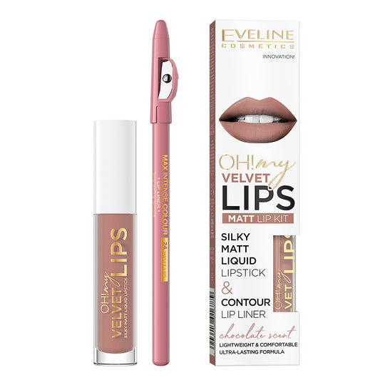 Σετ υγρό κραγιόν Eveline Oh! My Velvet Lips και μολύβι χειλιών Cookie Milkshake No. 11 4.5 ml