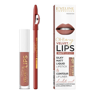 Σετ υγρό κραγιόν Eveline Oh! My Velvet Lips και μολύβι χειλιών Praline Eclair Νο. 12 4,5 ml