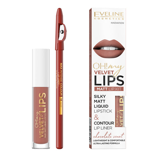 Σετ υγρό κραγιόν Eveline Oh! My Velvet Lips και μολύβι χειλιών Praline Eclair Νο. 12 4,5 ml