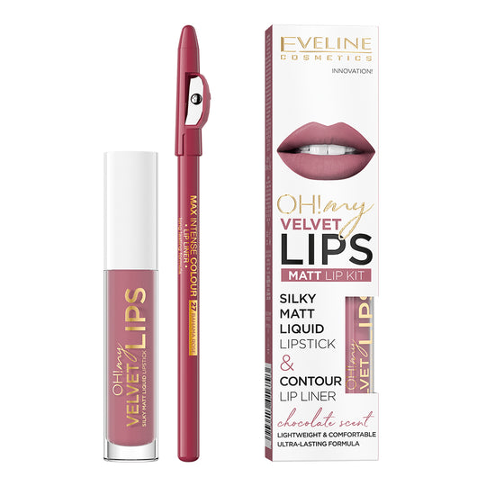 Σετ υγρό κραγιόν Eveline Oh! My Velvet Lips και μολύβι χειλιών Brownie Biscotti Νο. 13 4.5 ml