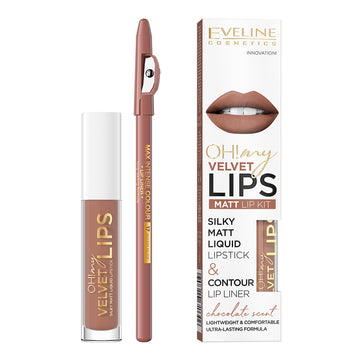 Σετ υγρό κραγιόν Eveline Oh! My Velvet Lips και μολύβι χειλιών Choco Trufle No. 14 4,5 ml