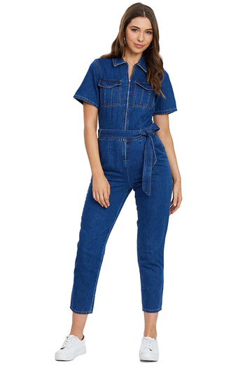 D469-4 Ολόσωμη φόρμα denim με κοντά μανίκια
