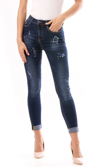 Skinny τζιν με ψηλή μέση, διακοσμημένο με στρας E893-444
