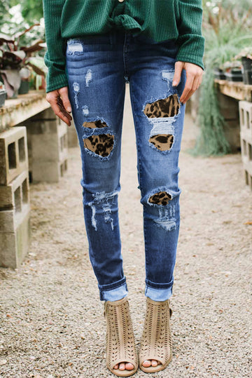 Τζιν με διακοσμητικά σκισίματα και animal print ένθετο G735-444