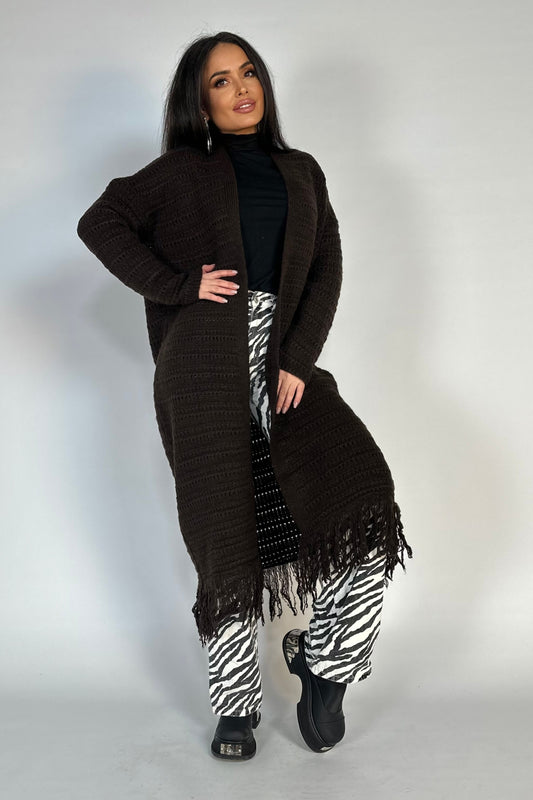 Μακριά ζακέτα, OVERSIZE από ελαστικό πλεκτό ύφασμα διακοσμημένο με κρόσσια H749-21