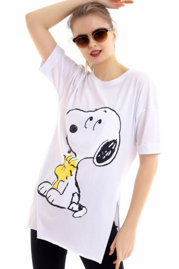 Μακρύ μπλουζάκι με στάμπα SNOOPY και πλαϊνά σκισίματα J753-2