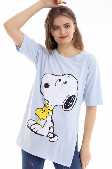 Μακρύ μπλουζάκι με στάμπα SNOOPY και πλαϊνά σκισίματα J753-48