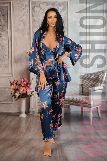 Σετ 3 τεμαχίων πυτζάμες casual από σατέν ύφασμα L834-44