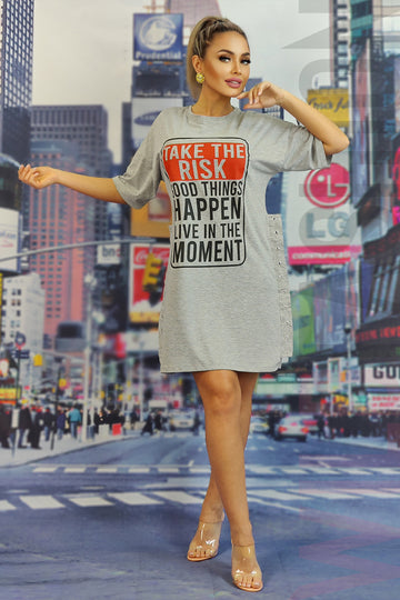 Μακρύ φαρδύ T-shirt με τυπωμένο κείμενο P771RR-18