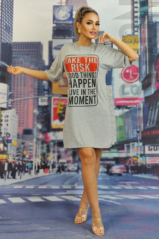 Μακρύ φαρδύ T-shirt με τυπωμένο κείμενο P771RR-18