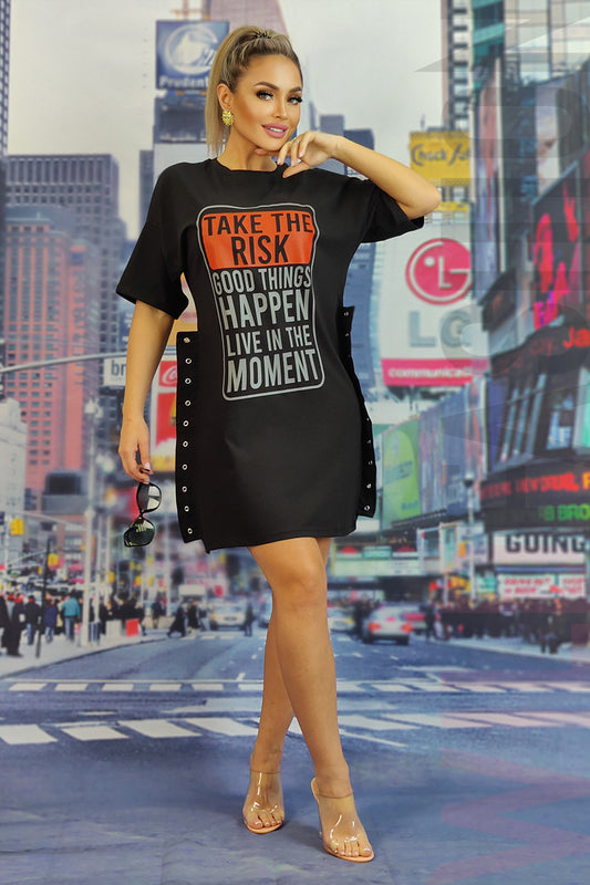 Μακρύ φαρδύ T-shirt με τυπωμένο κείμενο P771RR-1