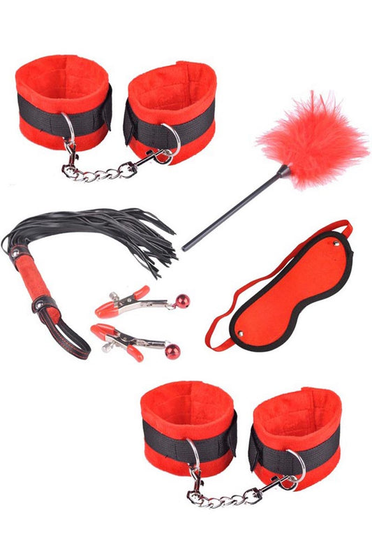 Σετ φετίχ/BDSM 6 τεμαχίων από ύφασμα και απομίμηση δέρματος, Κόκκινο, TOY150-3
