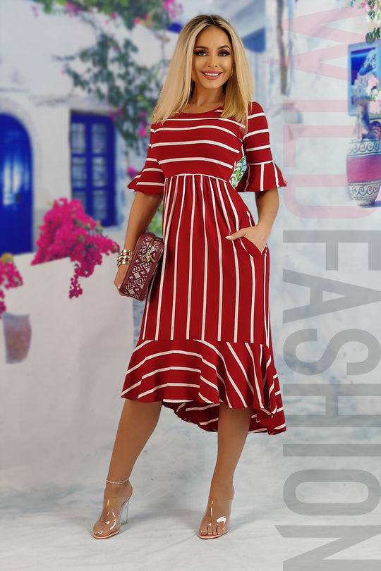 Φόρεμα μίντι casual με οριζόντιες ρίγες και μανίκια τρία τέταρτα V679RR-821