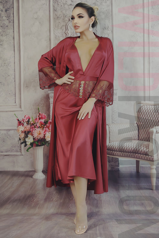 Σετ 2 τεμαχίων casual-elegant, που αποτελείται από νεγκλιζέ και μακριά ρόμπα από σατέν ύφασμα X715RR-81