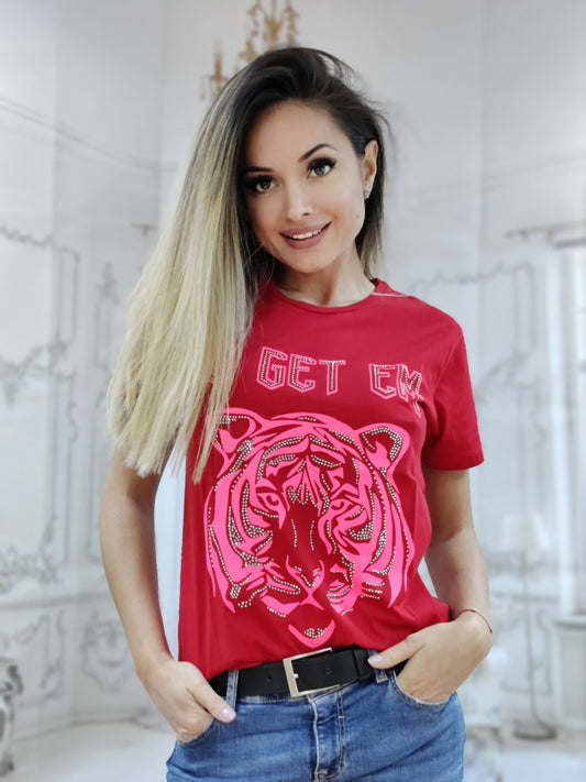 Oversize T-shirt με τύπωμα τίγρη διακοσμημένο με στρας Y583-3