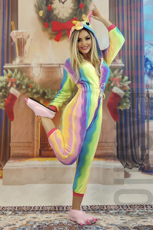 Πυτζάμα kigurumi από χνουδωτό υλικό και πολύχρωμο σχέδιο μονόκερου PJM156A-100