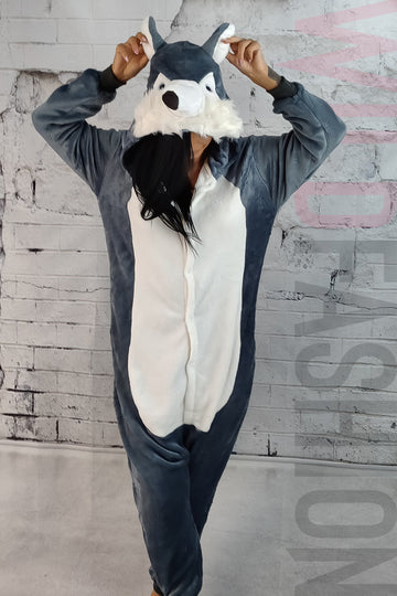 Πιτζάμα ολόσωμη (kigurumi) από χνουδωτό ύφασμα, σχέδιο ΛΥΚΟΣ PJM221-18