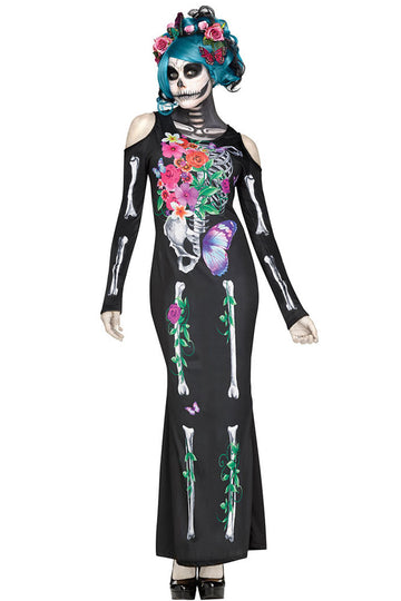 N544-1 Φόρεμα με θέμα Halloween με στάμπα σκελετό